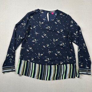 Vince Camuto Top Womens Sm Floral Tunic Navy Blouse Button Scoop Neck